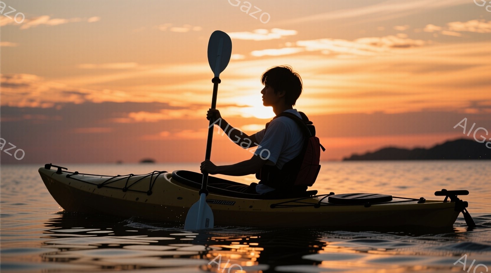 オレンジと赤色の夕焼け空の下、カヤックに乗った男性が描かれている。彼は黒いヘアスタイルで、白いシャツとライフジャケットを着ており、前方に漕ぐためにパドルを握っている。穏やかな水面と遠くに見える陸地が、静かで平和な雰囲気を醸し出している。