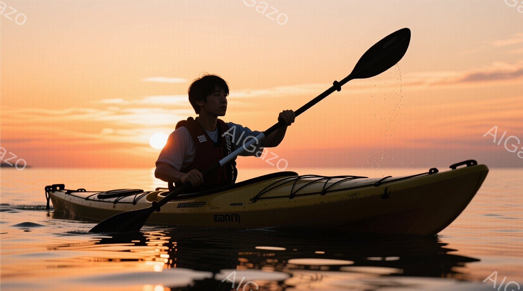 カヤックに乗った男性が写っている。彼はオレンジ色のライフジャケットと白いシャツを着ており、短髪で、前方をじっと見つめている。背景は夕焼けで、水面は穏やかで、カヤックのシルエットが際立っている。