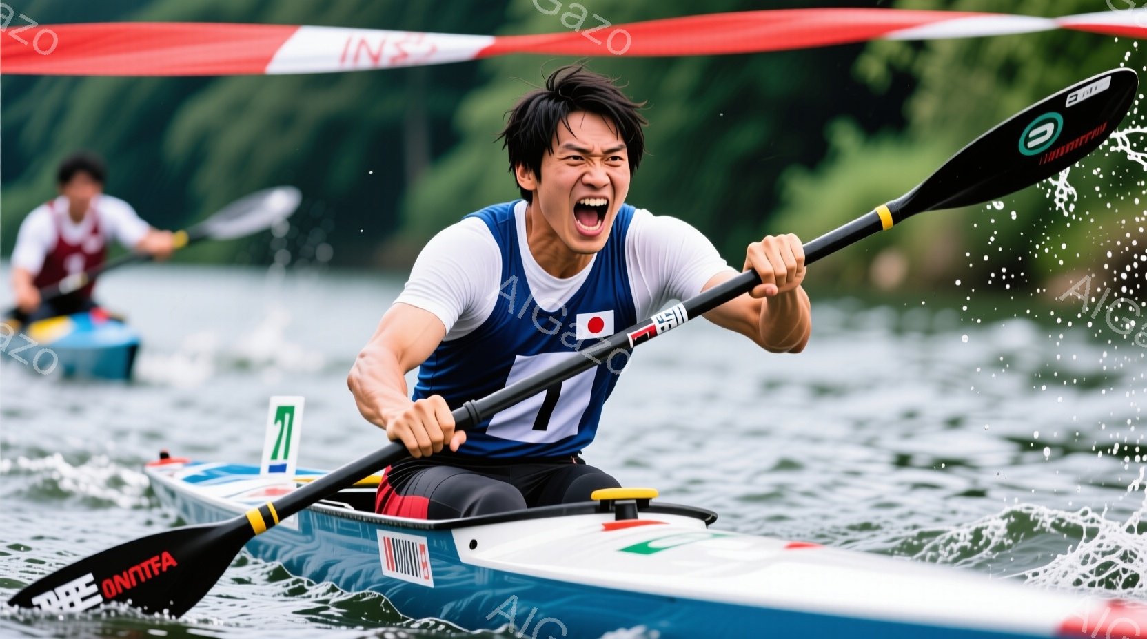 カヌー競技に臨む男性の姿が捉えられています。彼は白のタンクトップと黒のショートパンツを着用し、力強く漕ぎながら、勝利への強い決意を表情に表しています。背景には緑豊かな自然と他の競技者のカヌーが見え、水面には水しぶきが飛び散り、活気のある競技の様子が伝わってきます。