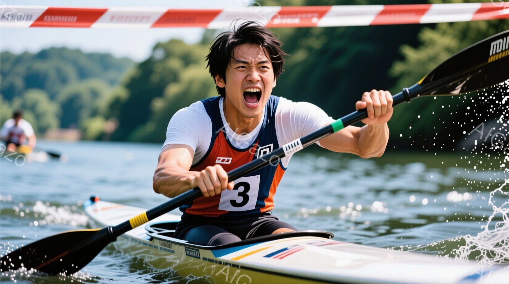 カヌーの選手が激しく漕ぎ、競技に集中している様子が捉えられています。白のシャツに、赤と黒のベスト、そして「3」の数字が入ったカヌーウェアを着用し、濡れた髪は後ろに流れ、表情は力強く、集中しているのがわ - AI生成フリー素材