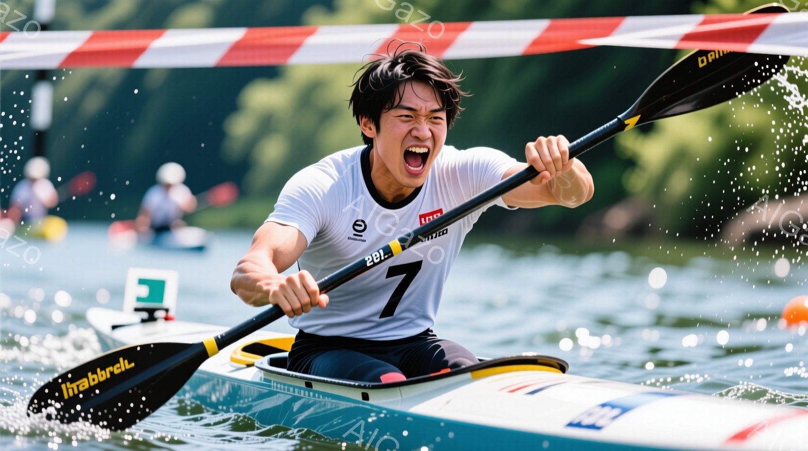 カヌーの競技者が、白の長袖シャツと黒の短パン姿で、力強く漕いでいる様子が捉えられています。顔は緊張と集中からか引きつり、口は大きく開いて叫んでいるように見えます。背景には緑豊かな自然と、ぼやけた観客席があり、水面には水しぶきが飛び散り、競技の激しさを強調しています。