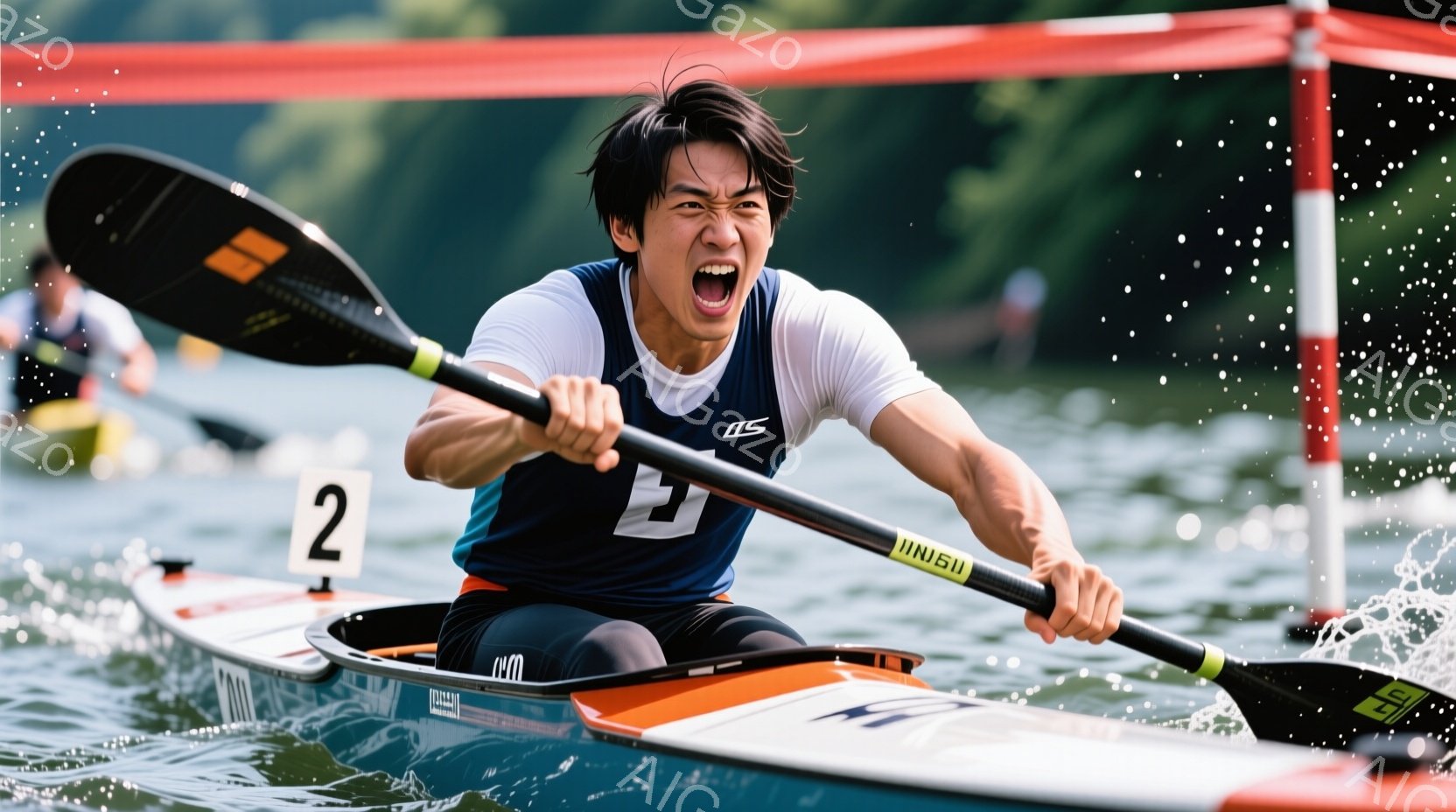 カヌー競技に出場している男性の画像です。彼は紺色のシャツと黒い短パンを着ており、激しい漕ぎで前進しています。表情は力強く、集中している様子が伺えます。