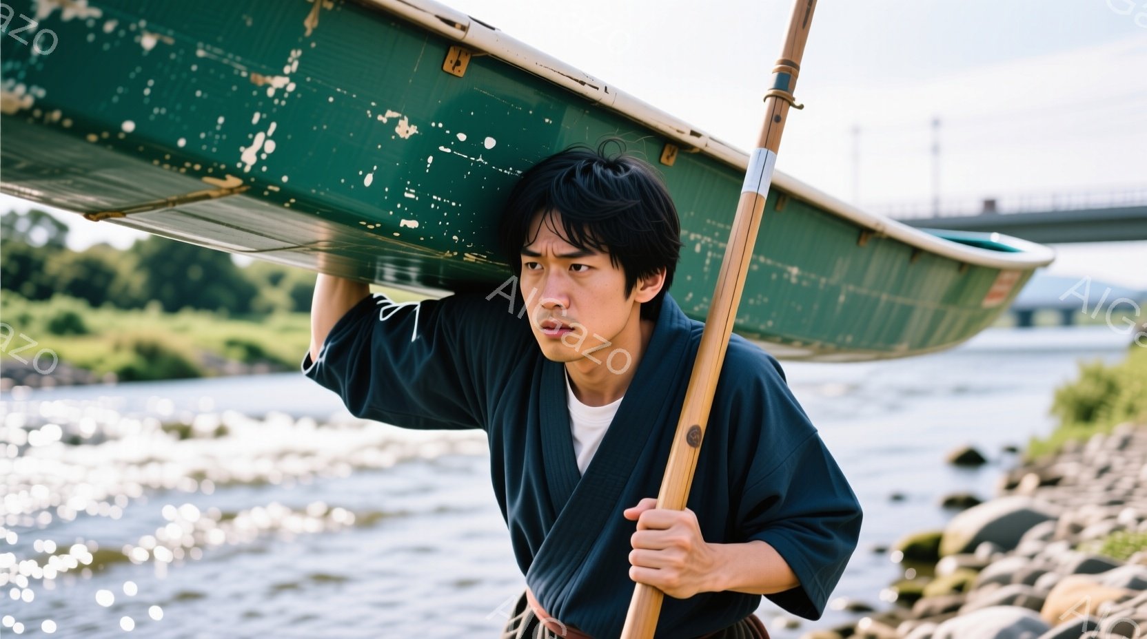 若い男性が緑色の小舟を肩に担ぎ、川岸を歩いている。彼は紺色の着物と白の股引姿で、短く刈り込んだ髪型をしている。背景には、水面がキラキラと輝く川と、遠くに見える橋や緑豊かな山々が広がり、晴れた日の穏やか - AI生成フリー素材