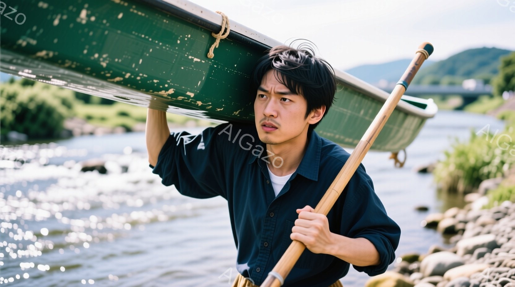 若い男性が、緑色のカヌーを肩に担いで、川沿いの岩場を歩いている。彼は濃い青色のシャツを着ており、黒髪を無造作にまとめ、やや険しい表情をしている。背景には緑豊かな山々と川が広がり、晴天の下、自然を感じさせる風景が広がっている。