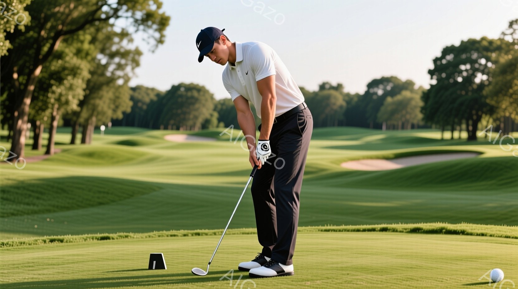 ゴルフ選手がグリーン上でパッティングをしている様子が写っている。彼は黒いキャップと白いポロシャツ、黒いズボン、白と黒のゴルフシューズを着用し、集中した表情でボールを見つめている。背景には緑豊かなゴルフコースが広がり、穏やかな天候のもと、静かで落ち着いた雰囲気が漂っている。
