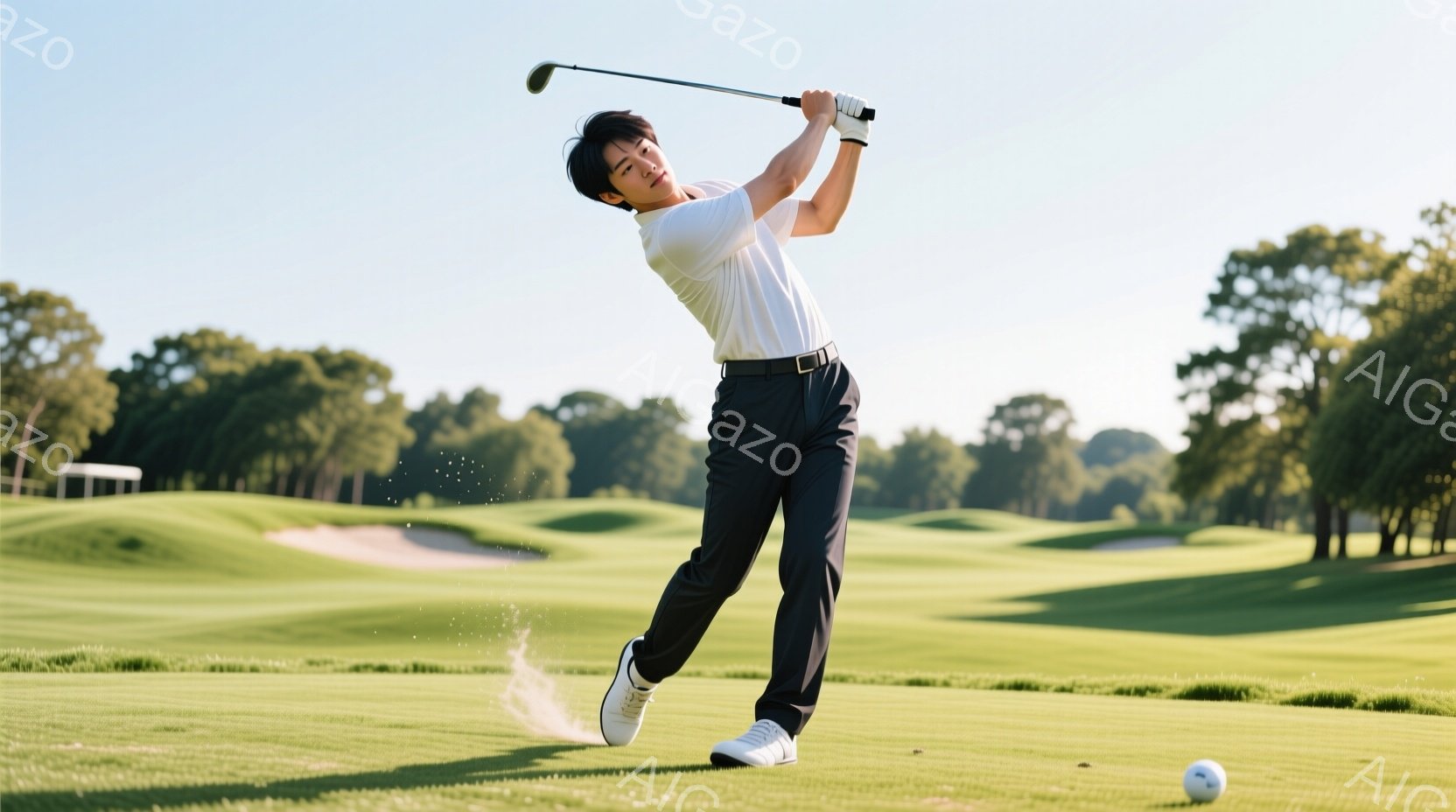ゴルフ選手がスイングしている瞬間を捉えた写真です。白いポロシャツと濃い青色のズボンを着用し、髪は短く整えられています。背景には緑豊かなゴルフコースが広がり、青空の下で晴天の天気が伺えます。