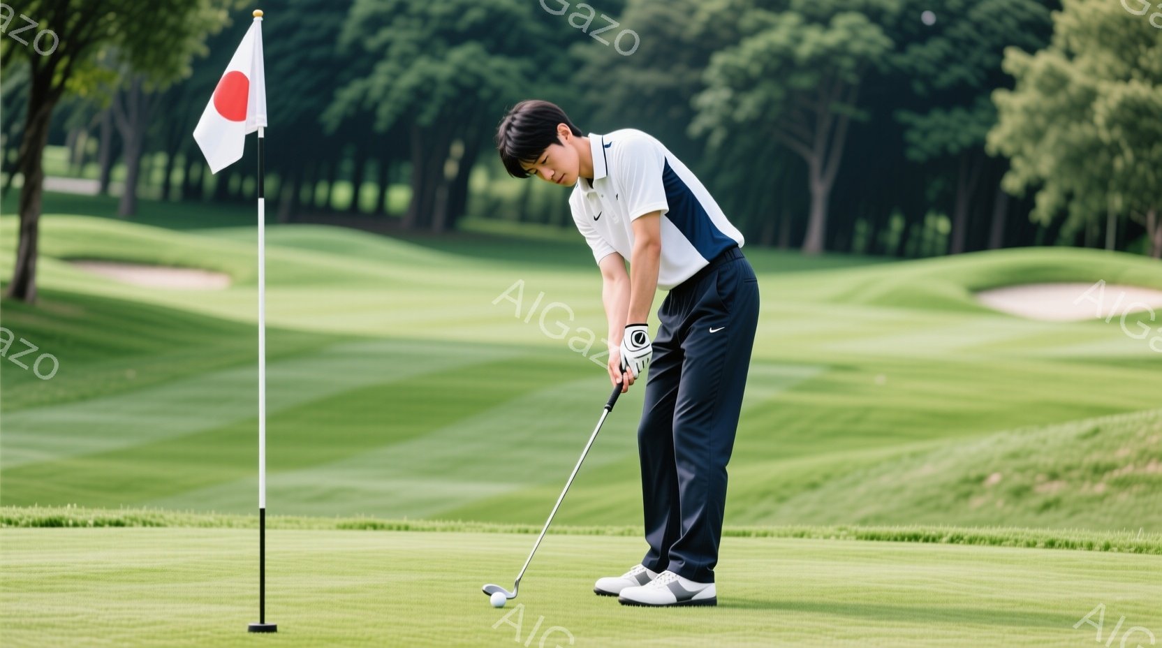 ゴルフコースでパッティングをしている若い男性が写っています。彼は白のポロシャツに黒のズボン、ゴルフシューズを着用し、集中した表情でボールに向かっています。背景には緑豊かな芝生と木々が広がり、晴天の下、穏やかなゴルフの雰囲気が漂っています。