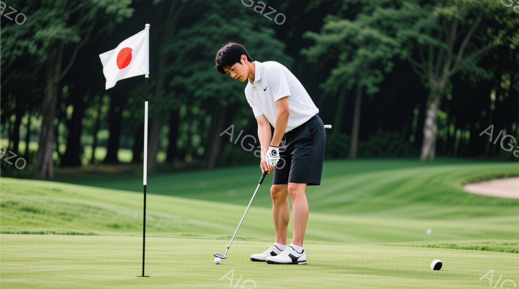 ゴルファーがパッティングの体勢をとっており、白いポロシャツと黒のショートパンツ、そして白いスニーカーを着用している。彼は少し前かがみになり、集中した表情でボールを見つめている。背景には緑豊かなゴルフコースが広がり、旗が立っている。