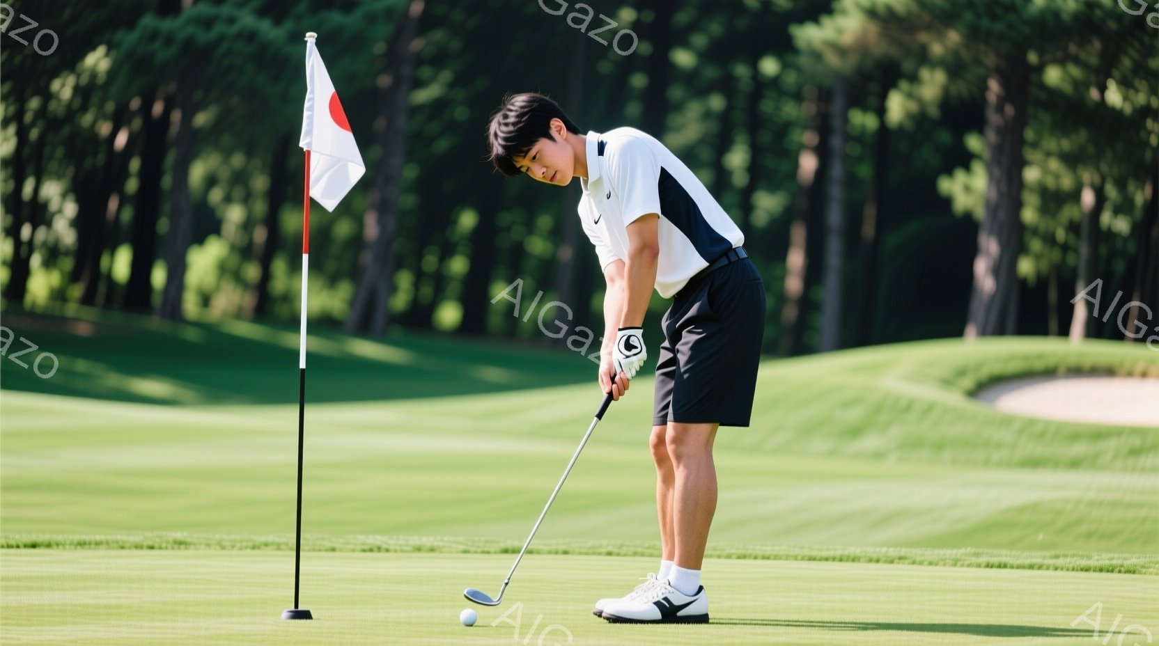 若い男性ゴルファーがグリーン上でパットをしている様子が写っている。彼は白いポロシャツに黒い短パン、スニーカーを履いており、黒いキャップを被っている。背景には緑豊かなゴルフコースが広がり、晴天の下、穏やかな雰囲気が漂っている。