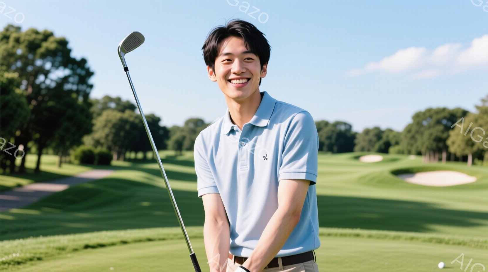 若い男性がゴルフコースでゴルフの構えをとっている。彼は水色のポロシャツ、ベージュ色のズボン、そして黒いベルトを着用しており、短髪で笑顔を見せている。背景には緑豊かなゴルフコースが広がり、晴天の下でゴルフを楽しむ様子が伺える。