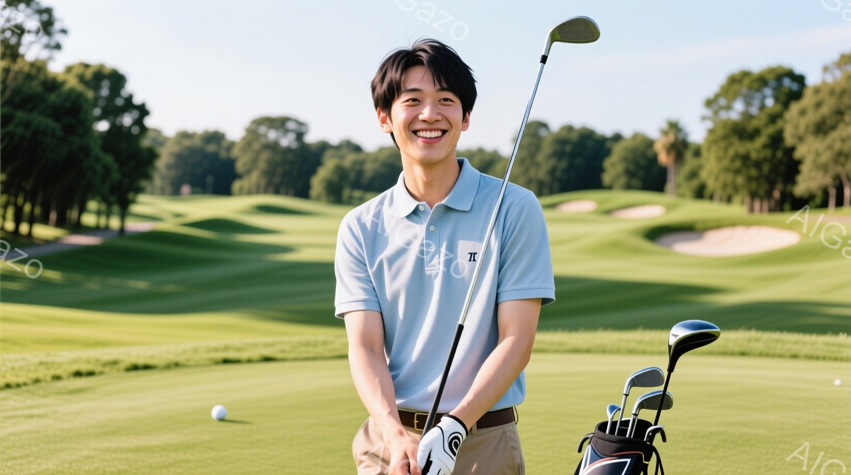 若い男性がゴルフ場に立っており、明るい笑顔を浮かべている。彼は水色のポロシャツにベージュのズボンを着用し、ゴルフバッグとクラブを持った、アクティブな姿勢をとっている。背景には緑豊かなゴルフコースが広がり、晴れた空と木々が、爽やかで開放的な雰囲気を醸し出している。