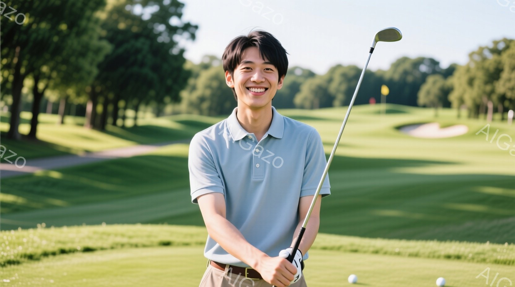 若い男性がゴルフコースでゴルフクラブを肩に担ぎ、満面の笑顔でカメラを見ている。彼はベージュ色のズボンに水色のポロシャツを着ており、黒いベルトが締まっている。背景には緑豊かなゴルフコースが広がり、晴天の - AI生成フリー素材