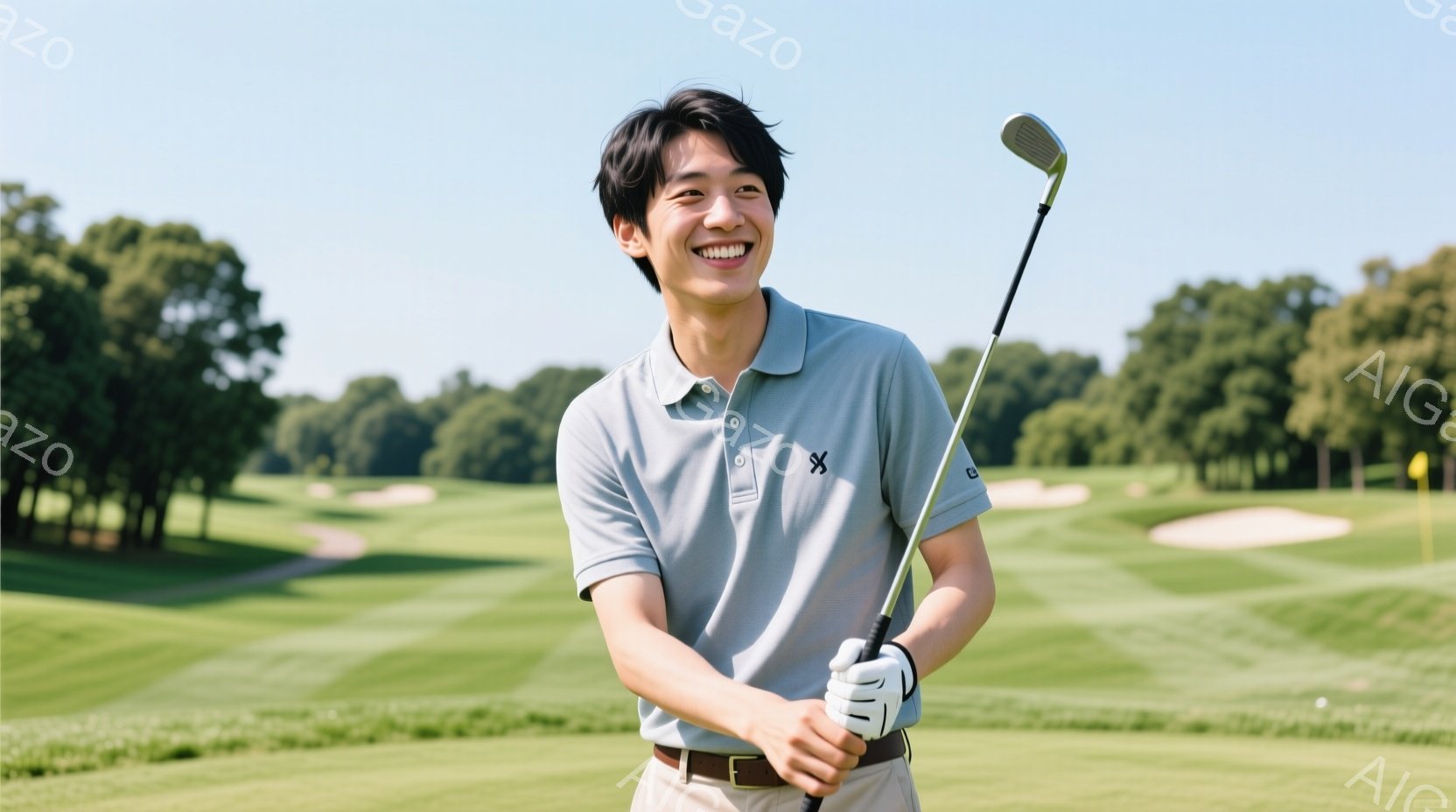 若い男性がゴルフコースでゴルフクラブを持ち、満面の笑みを浮かべている。彼は灰色のポロシャツとベージュ色のズボンを着用し、髪は短く整えられている。背景には緑豊かなゴルフコースが広がり、晴天の下でゴルフを楽しんでいる様子が伝わってくる。
