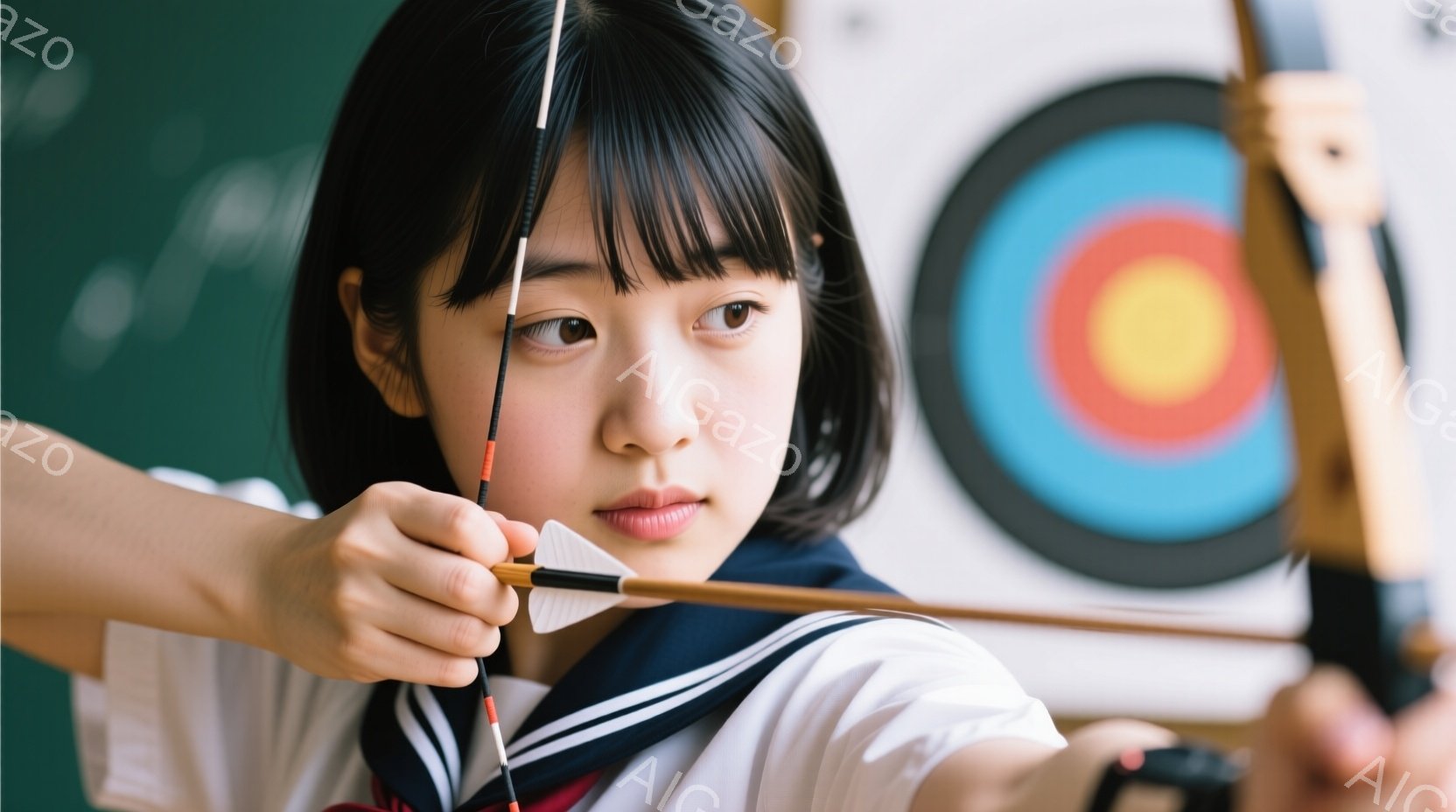 セーラー服を着た若い女性が弓矢を持って狙いを定めている姿が描かれています。彼女は黒いショートヘアで、真剣な表情で弓に矢をつがえています。背景にはターゲットが設置されており、室内で競技を行っている様子が - AI生成フリー素材