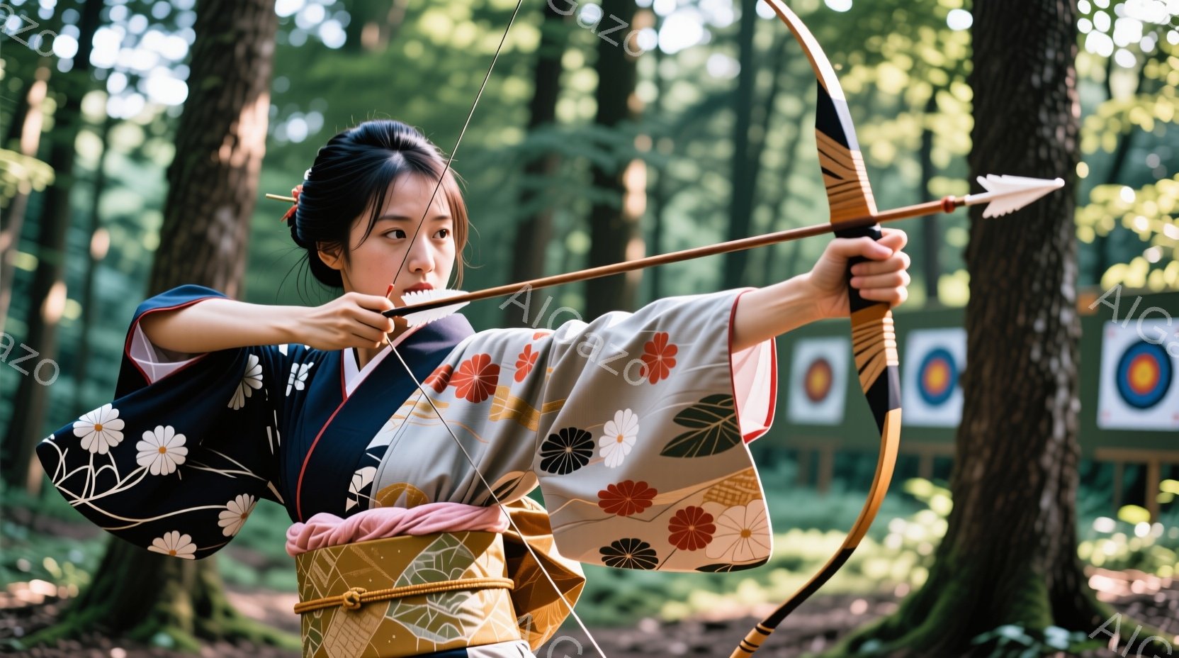 濃い緑の森の中で、着物を着た女性が弓を構えている。彼女は藍色と白の花柄の着物と、オレンジとベージュの帯を締め、髪を後ろでまとめて結んでいる。集中した表情で矢を引き、的がわずかに見える背景の木々の間を射る構えだ。
