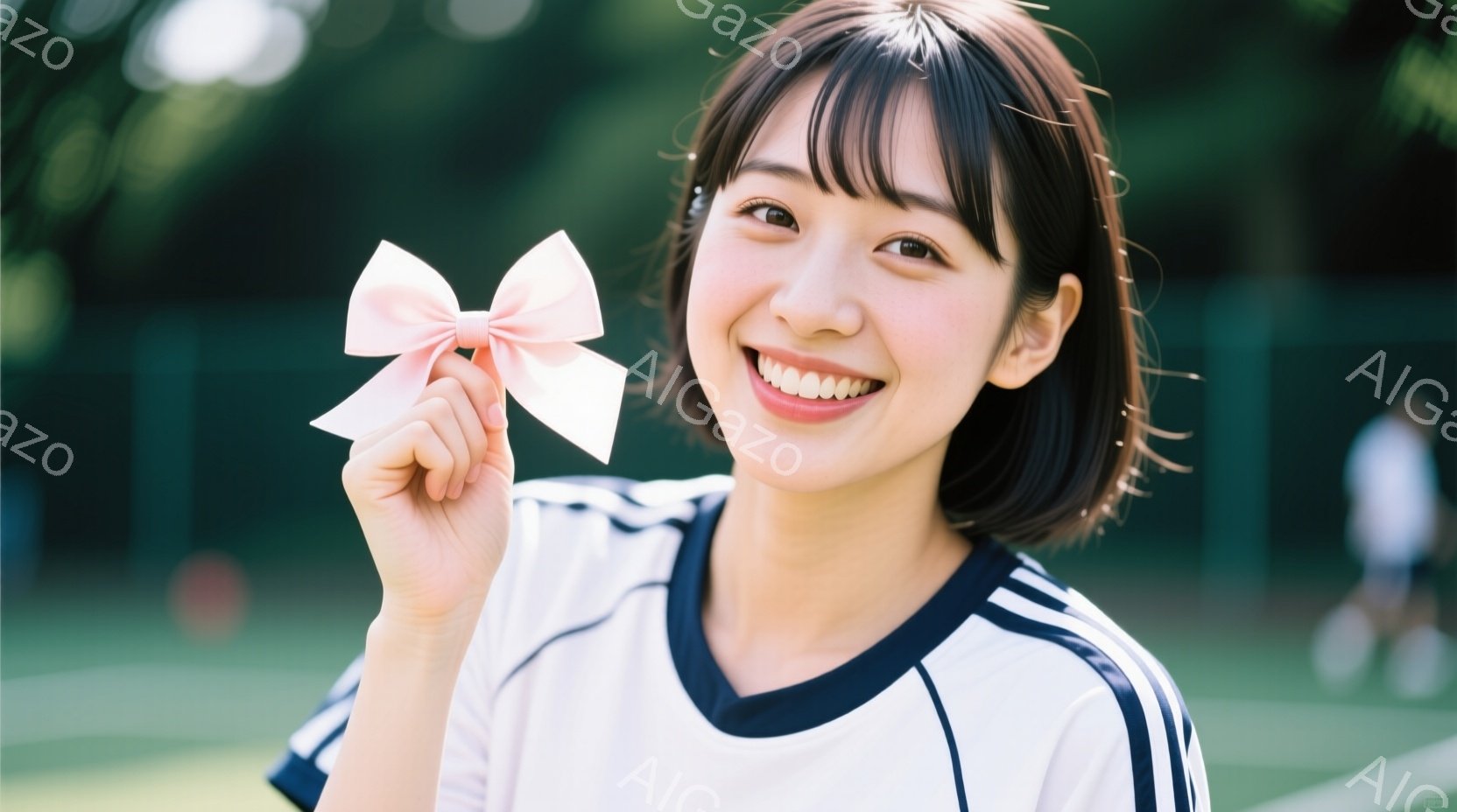 若い女性が、白いスポーツウェアに黒いラインが入ったトップスを着て、笑顔でカメラを見ている。彼女は短い茶色の髪を持ち、片手にピンク色のリボンを持っている。背景には緑の芝生とテニスコートのような場所が見え、晴れた日の屋外で撮影された写真であることがわかる。