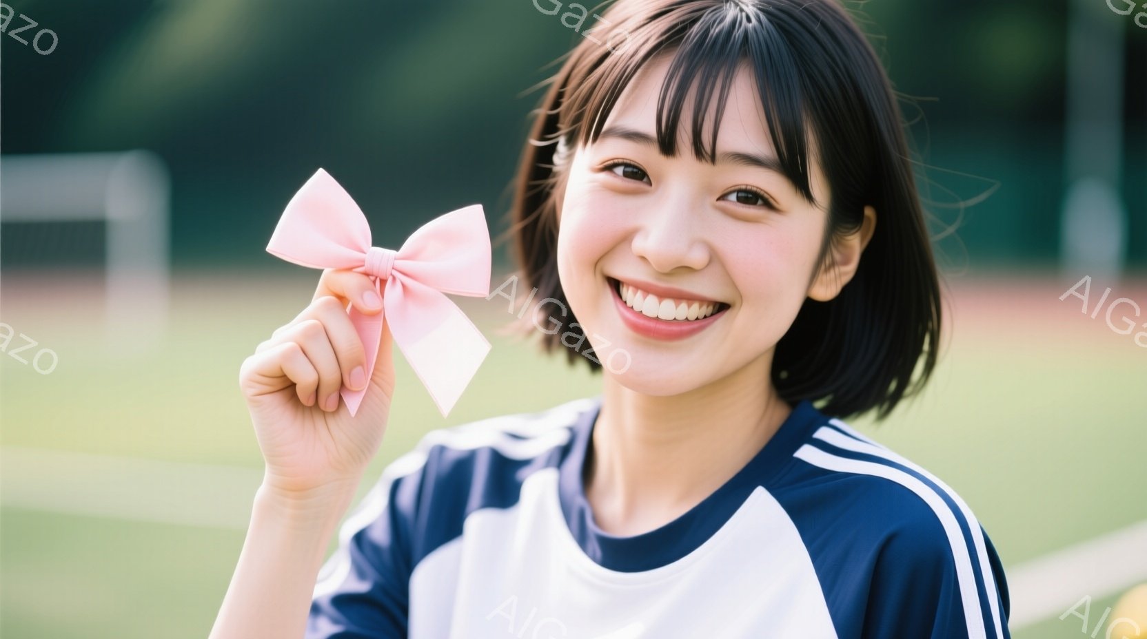 短い黒髪で前髪を揃えた若い女性が、紺色と白のスポーツウェアを着て笑顔でカメラを見ている。彼女は片手に薄いピンクのリボンを持っており、背景には緑の芝生とぼやけた建物が見える。明るい日差しの中で、爽やかで - AI生成フリー素材