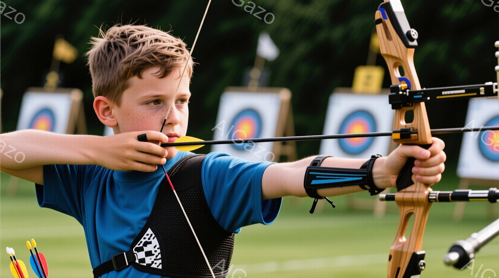若い少年が青いTシャツと黒のハーネスを着用し、アーチェリーの構えを取っています。彼の髪は短く、明るい茶色で、集中した表情をしています。背景には、ターゲットと緑の芝生があり、晴れた日の屋外でアーチェリーを楽しんでいる様子が伝わってきます。