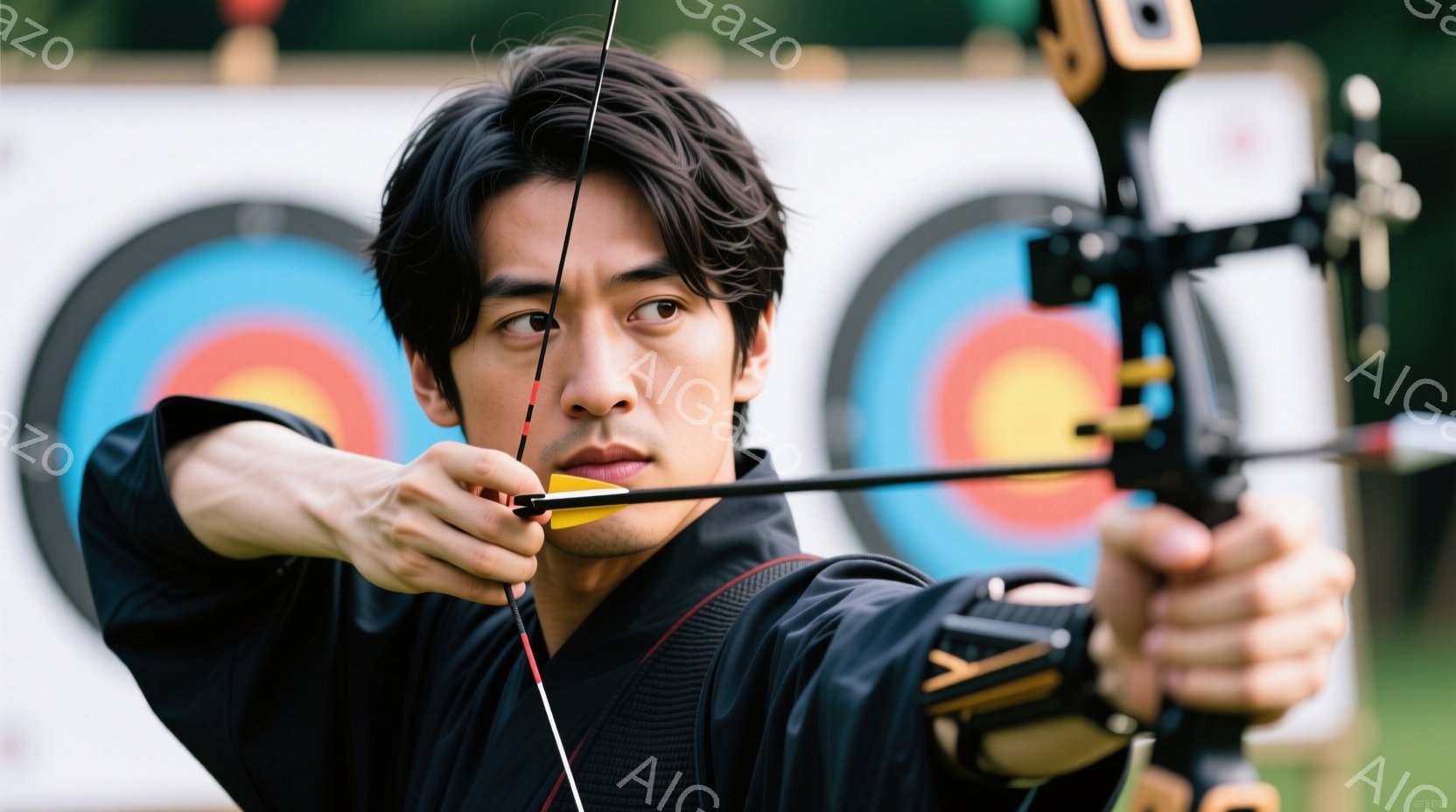 競技者が弓を引き、標的に向かっている姿が捉えられています。黒いアーチェリーウェアを着用し、髪は短く整えられ、集中した表情で目標を見据えています。背景にはターゲットと緑豊かな自然が見え、晴天の下、競技に臨む真剣な雰囲気が漂っています。