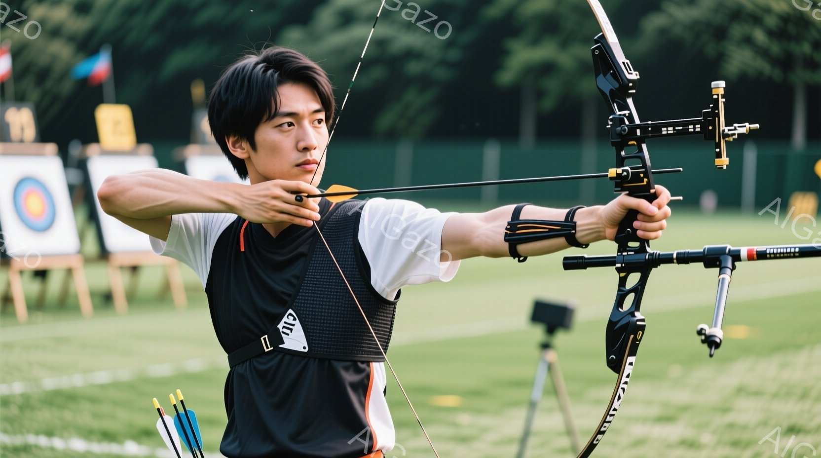 競技者が弓を持ち、標的に向かって射撃の準備をしている様子が写っています。黒のベストと白いシャツを着ており、髪は短く整えられています。背景には緑の芝生と射撃のターゲット、そしてぼやけた木々が見え、晴れた日の競技の雰囲気が伝わってきます。