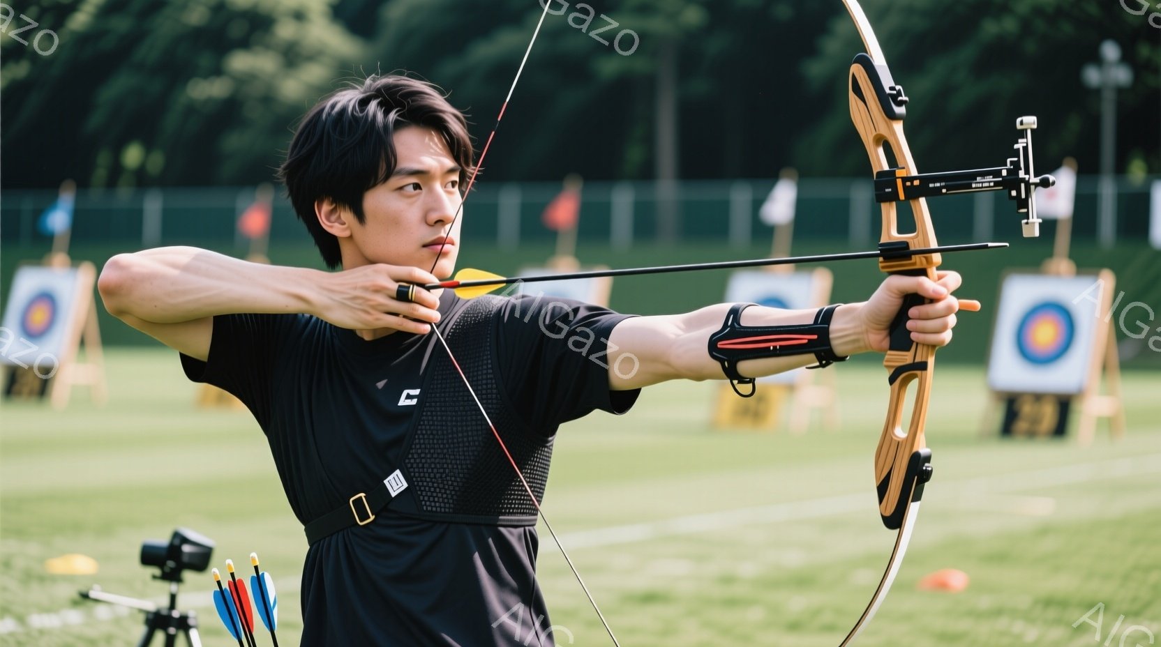 競技者が弓を構え、ターゲットに向かっている姿が捉えられています。黒の半袖シャツと黒いベルトを着用し、短髪で集中した表情をしています。背景にはターゲット、草地、そして一部の建物が見え、晴天の下での競技が行われている様子が伺えます。