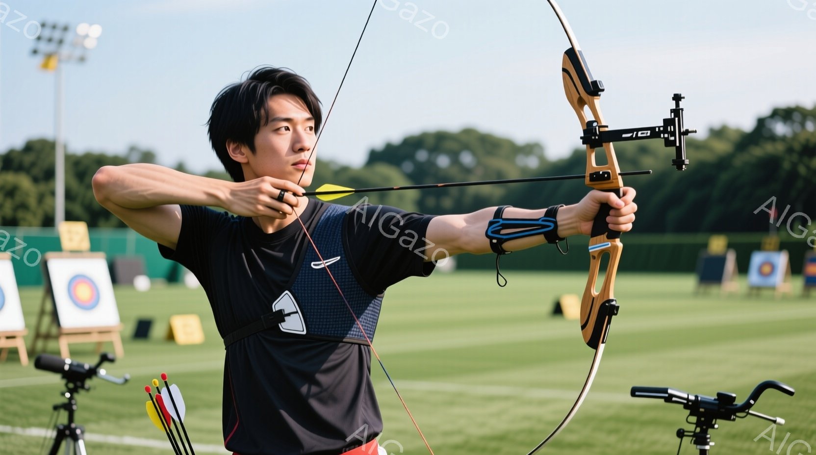 競技者が弓を構え、ターゲットに向けて矢を放とうとしている様子が写っている。黒い半袖シャツに赤いパンツ姿で、短髪をきりそろえた競技者は真剣な表情で集中しており、背景には緑豊かな芝生とターゲット、そして遠くの木々が見える。晴天で明るい日差しが差し込み、競技に最適な環境であることが伺える。