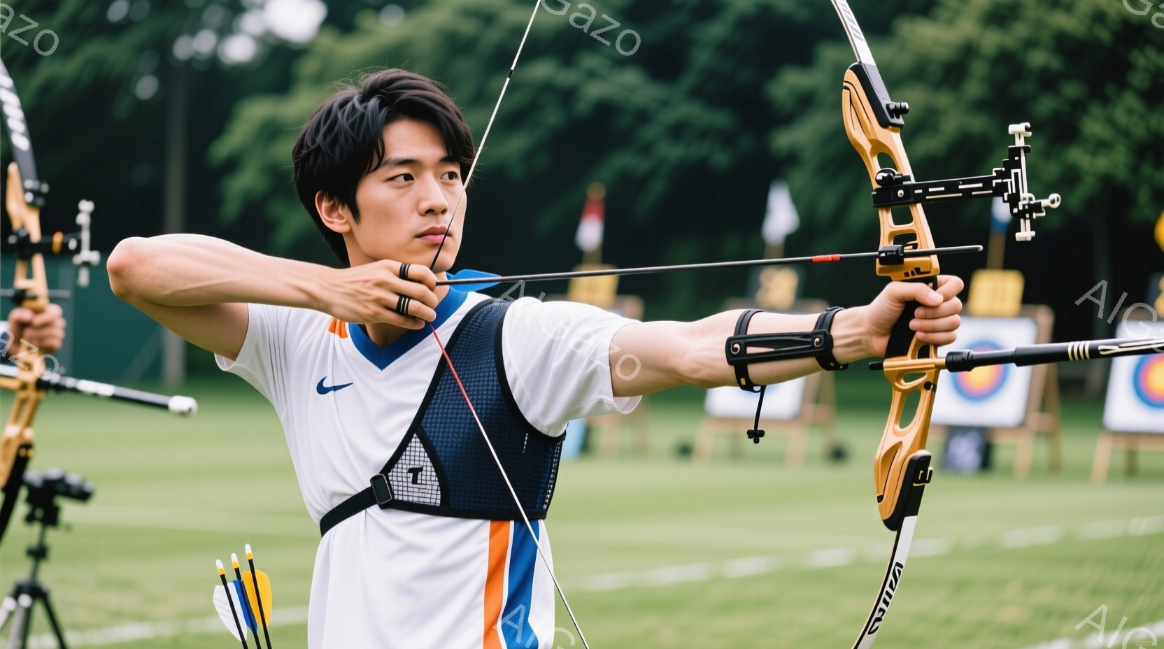 競技者は白いポロシャツに青と赤のストライプが入ったジャケットを着用し、黒いヘッドギアを付けている。彼は弓を引き絞り、的を狙う真剣な表情で、競技に集中している。背景には緑の芝生と遠くに見える木々があり、晴天の下、屋外でのアーチェリー競技が行われている様子が伝わる。