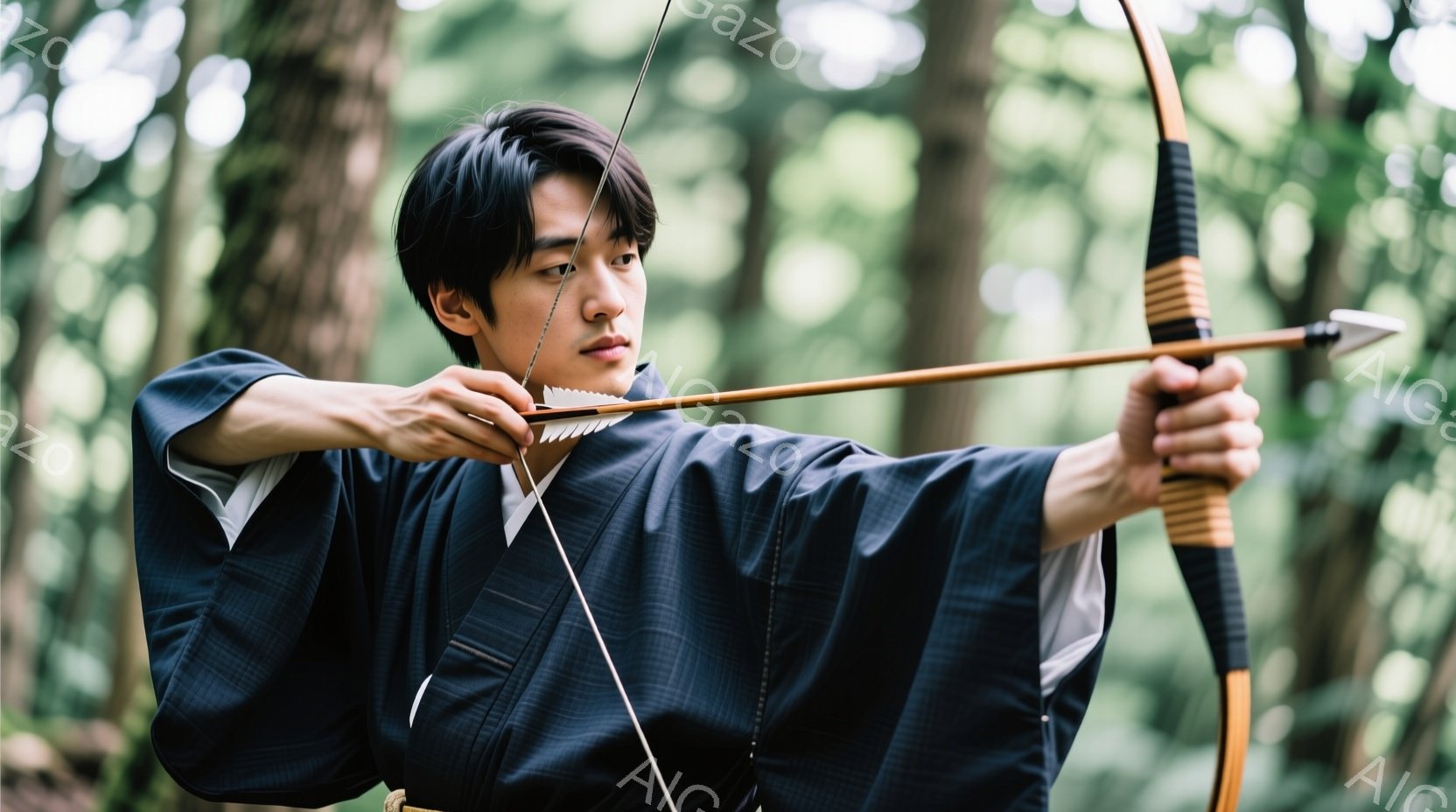 濃い青色の細かい格子模様の着物を着た若い男性が、弓を引き絞っています。彼の髪は短く整えられ、表情は真剣で集中しており、目標を見据えています。背景は緑豊かな森で、木々が生い茂り、静かで穏やかな雰囲気が漂っています。