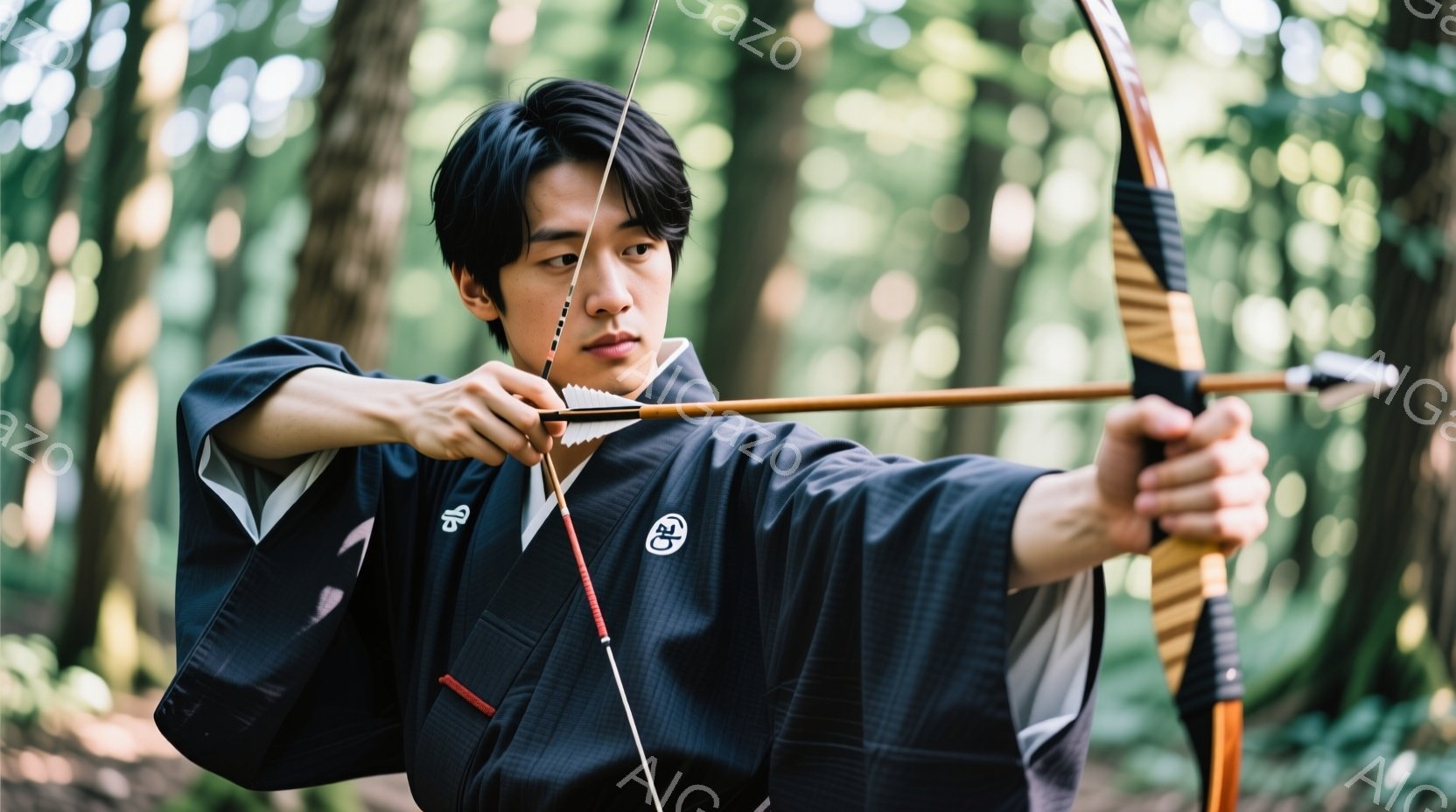 若い男性が弓矢を構えている姿が写っている。黒色の和装を身につけ、髪は短く整えられている。背景は緑豊かな森林で、木々の間から光が差し込み、静かで集中した雰囲気を醸し出している。