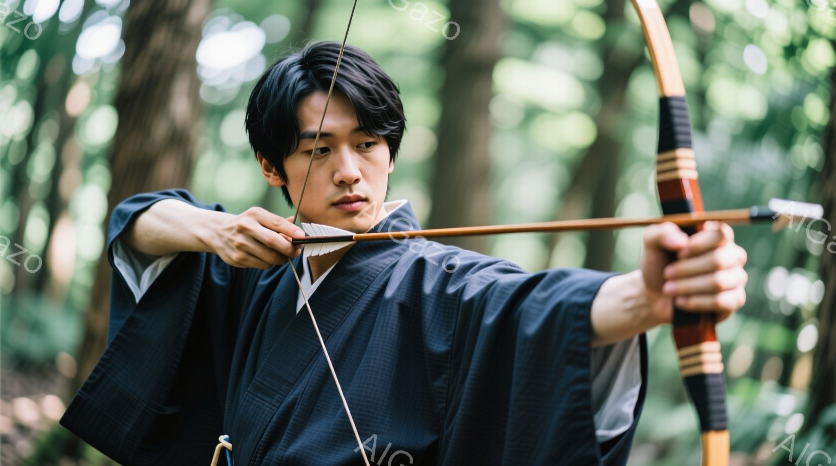 若い男性が弓を持ち、矢を引く準備をしている姿が描かれている。濃い藍色の和装を身につけ、黒髪を無造作に整え、真剣な表情で集中している。背景には緑豊かな森林が広がり、自然の中で弓道に励む様子が伺える、静か - AI生成フリー素材