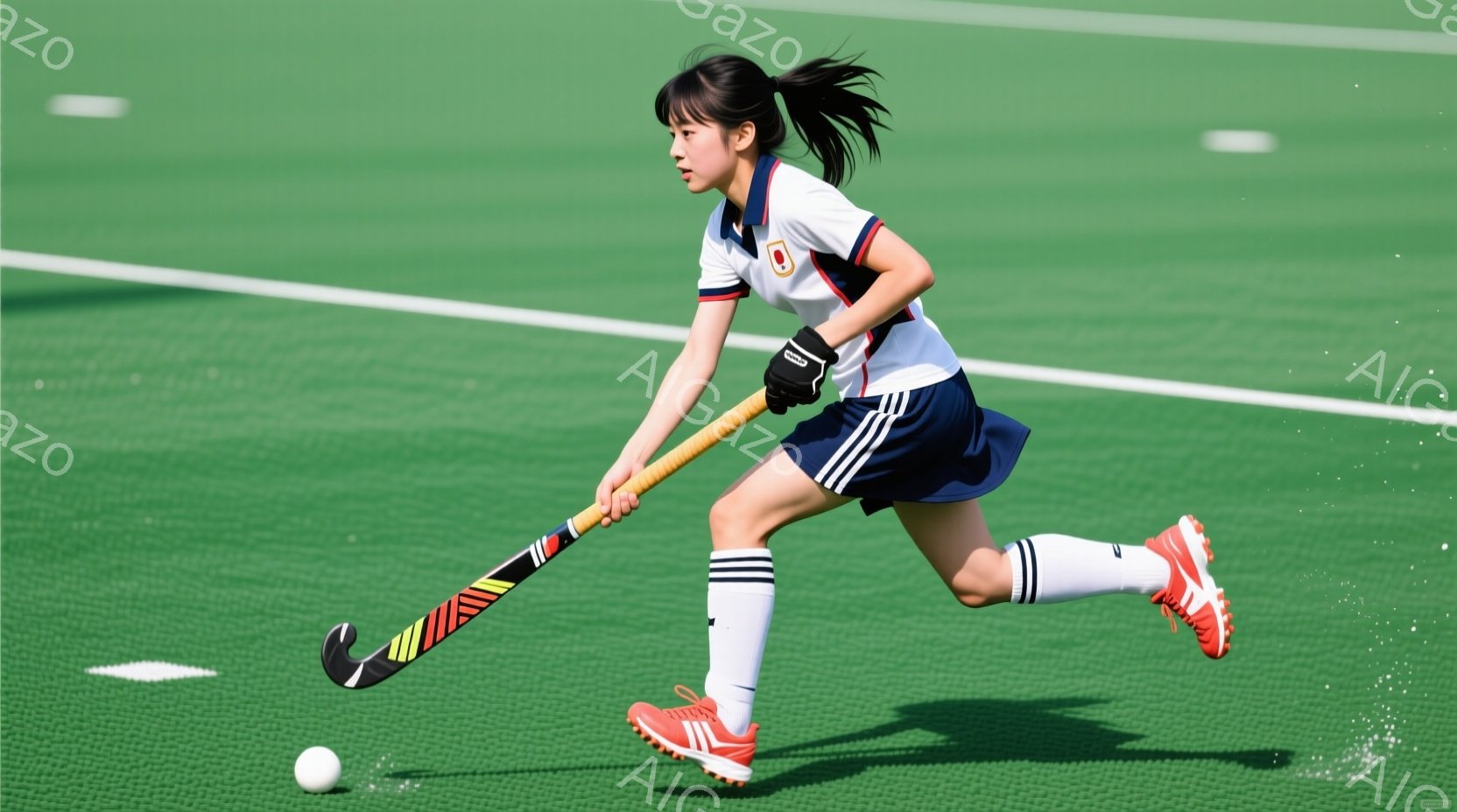 緑色のフィールドホッケーのコートを走る女性選手が写っています。白いシャツに紺色のスカート、白と紺のストライプのソックス、オレンジ色のシューズを着用し、髪は後ろでポニーテールに結ばれています。彼女はホッケーのスティックを振り、ボールを追いかけ、集中した表情でプレーしています。