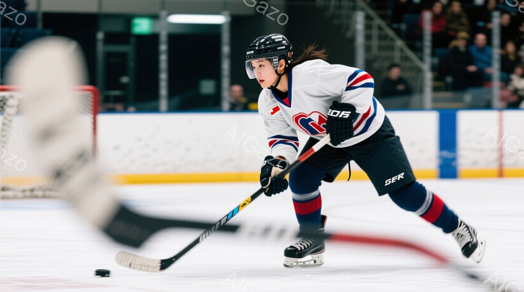アイスホッケーをする女性選手が写っている。彼女は白と赤のユニフォーム、黒のヘルメットとプロテクターを身につけ、長い髪をポニーテールにしている。選手は滑走しながらホッケーのスティックを構え、集中した表情でプレーに臨んでいる。