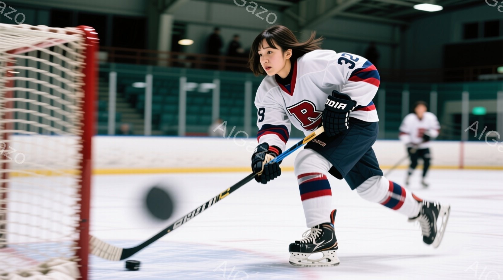 アイスホッケーの選手である女性が、リンク上でスティックを構え、パックを追っている様子が写っている。彼女は白、赤、黒のチームジャージと黒のヘルメットを着用し、長い髪を後ろでまとめており、集中した表情でプレーに臨んでいる。背景には観客席や他の選手が見え、屋内リンクの活気ある雰囲気が感じられる。