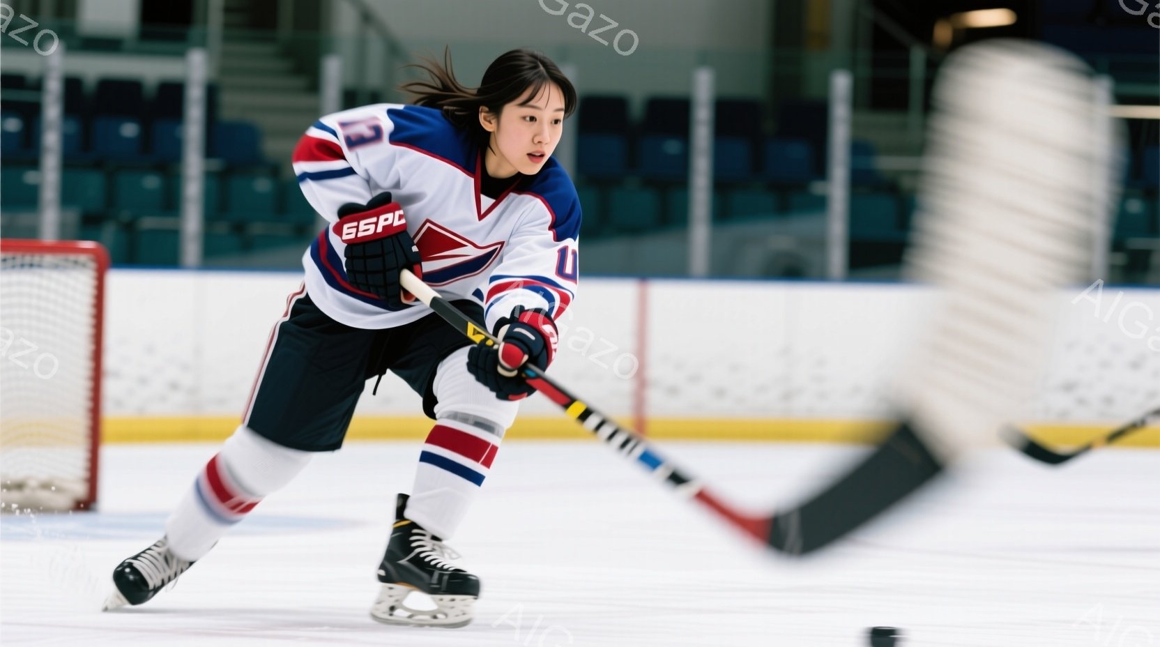 アイスホッケーをする若い女性が写っている。彼女は赤、白、青のストライプが入ったホッケーユニフォームとヘルメットを着用し、黒い髪をポニーテールにしている。彼女はリンク上でアイスホッケースティックを構え、集中した表情でプレーに臨んでいる。
