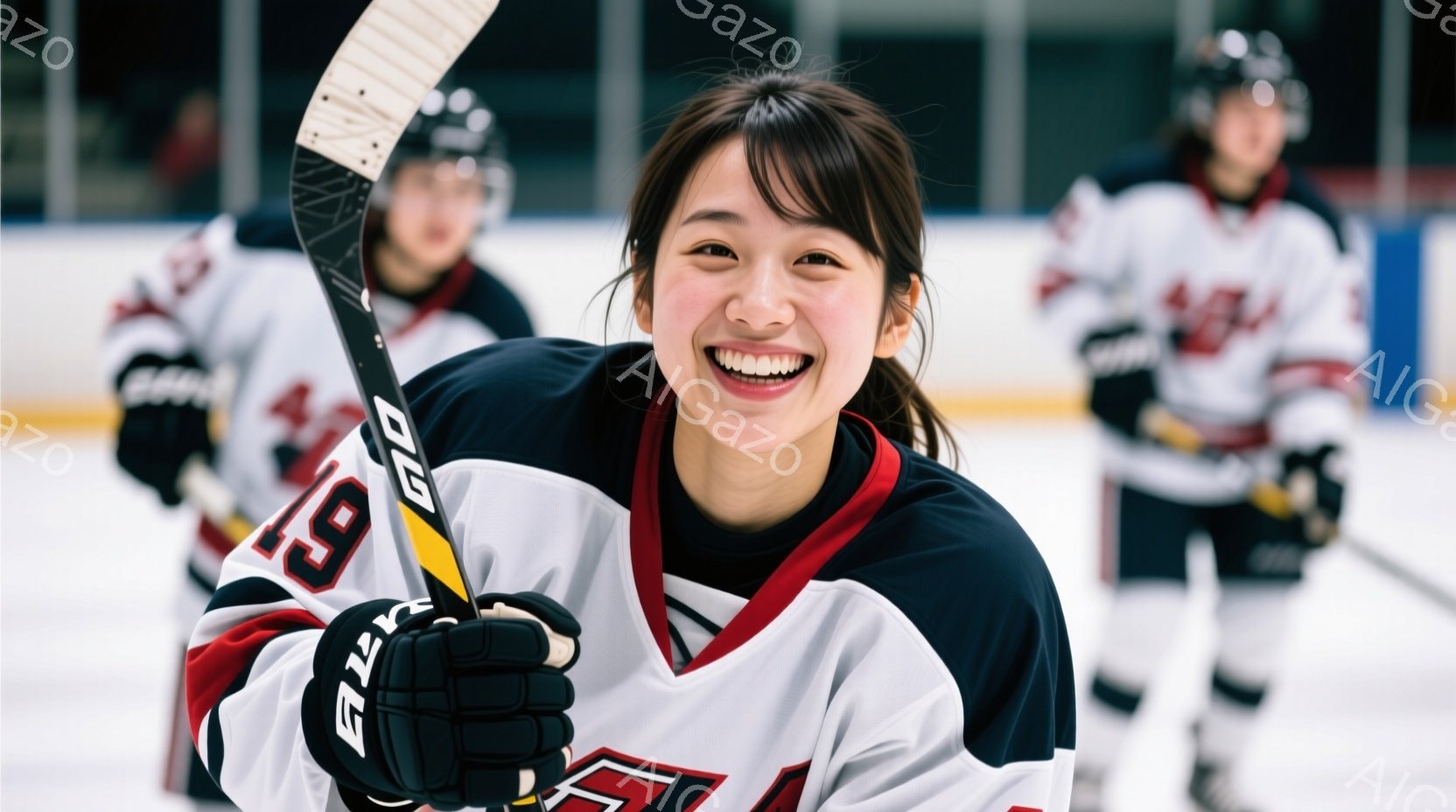 アイスホッケーリンクにいる女性が、笑顔でホッケーのスティックを握っています。彼女は黒と赤のホッケーユニフォームを着ており、黒い髪を肩まで伸ばしています。背景には、同じユニフォームを着た他の選手たちがぼやけて見え、競技場の明るい光が全体を照らしています。