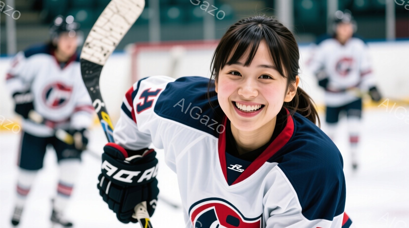 アイスホッケーの選手と思われる若い女性が、明るい笑顔でカメラに向かってポーズを取っている。紺色と白を基調としたユニフォームを着用し、左手にはホッケーのスティックを持っている。背景には、同じユニフォーム - AI生成フリー素材