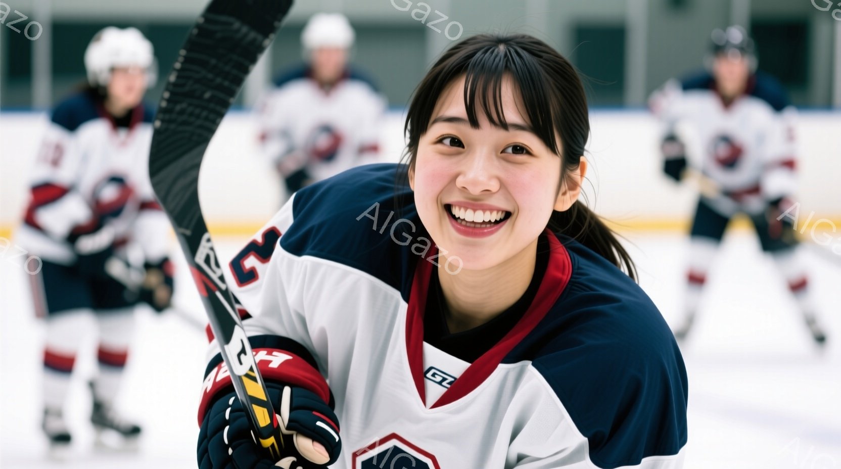 アイスホッケーのユニフォームを着た若い女性が写っています。彼女は笑顔で、ホッケーのスティックを握り、アイスリンク上で前かがみになっています。背景には、同じユニフォームを着た他の選手たちがぼやけて写っており、明るく活気のある雰囲気が漂っています。