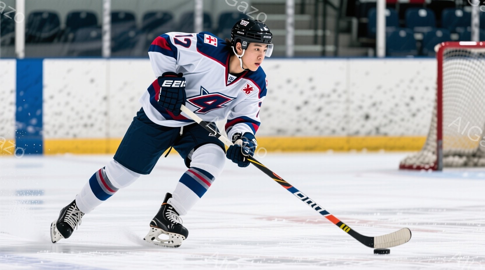 アイスホッケー選手が氷上を滑走している姿が捉えられている。紺と白を基調としたユニフォームには「4」の番号が大きくプリントされ、ヘルメットを着用し、集中した表情でスティックを構えている。背景にはアイスホッケーのゴールネットが見え、競技場内の冷たい空気感が伝わってくる。