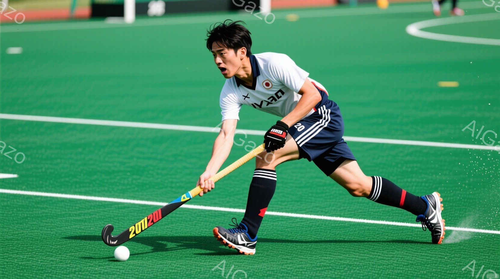 鮮やかな緑の芝生の上で、ホッケーの選手がボールを打とうとしている瞬間を捉えた写真です。黒髪で、白と黒のストライプのユニフォームと黒いソックスを着用し、集中した表情で、右手にホッケーのスティックを握り、 - AI生成フリー素材