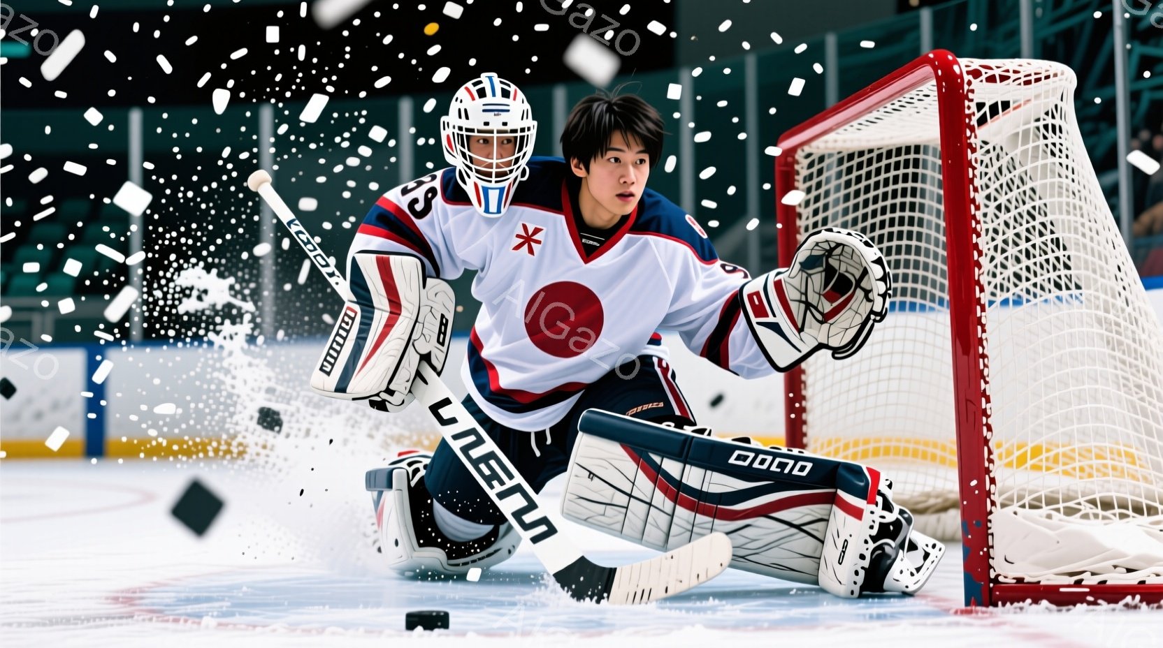 画像はアイスホッケーのゴールキーパーが写っており、日本の代表ユニフォームを着用しています。黒髪を少し長く伸ばした選手は、集中した表情で膝をつき、右手を大きく伸ばしてパックをキャッチしようとしています。背景にはアイスホッケーリンクと観客席が見え、雪のような白いものが舞っている様子から、冬の試合の雰囲気が伝わってきます。