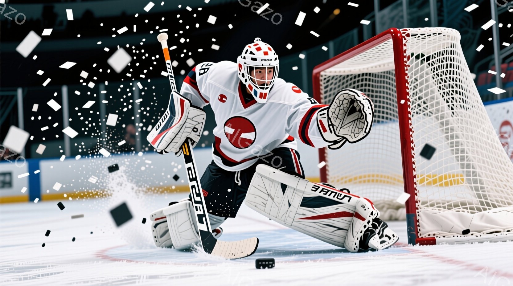 アイスホッケーのゴールキーパーが、試合中の激しい動きを見せています。赤と白のユニフォームとヘルメットを着用し、集中した表情でパックに手を伸ばしています。背景には白いネットと氷のリンクが広がり、氷が砕け散る様子が激しい競技の雰囲気を伝えています。