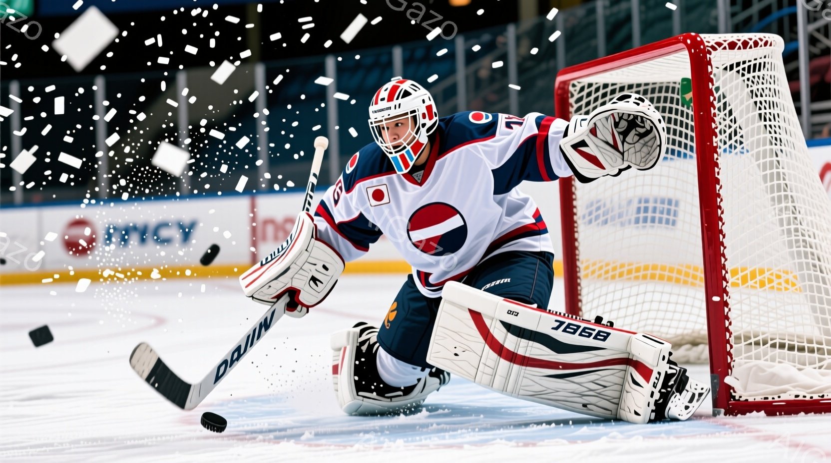アイスホッケーのゴールキーパーが、白とネイビーブルーのユニフォームとヘルメットを身につけ、激しいプレー中にしゃがんだ姿勢で写っています。彼は集中した表情で、ホッケーパックに手を伸ばし、守備を固めています。背景には、氷上の白い破片とホッケーコートの赤いネットが見え、臨場感あふれる競技の瞬間を捉えています。