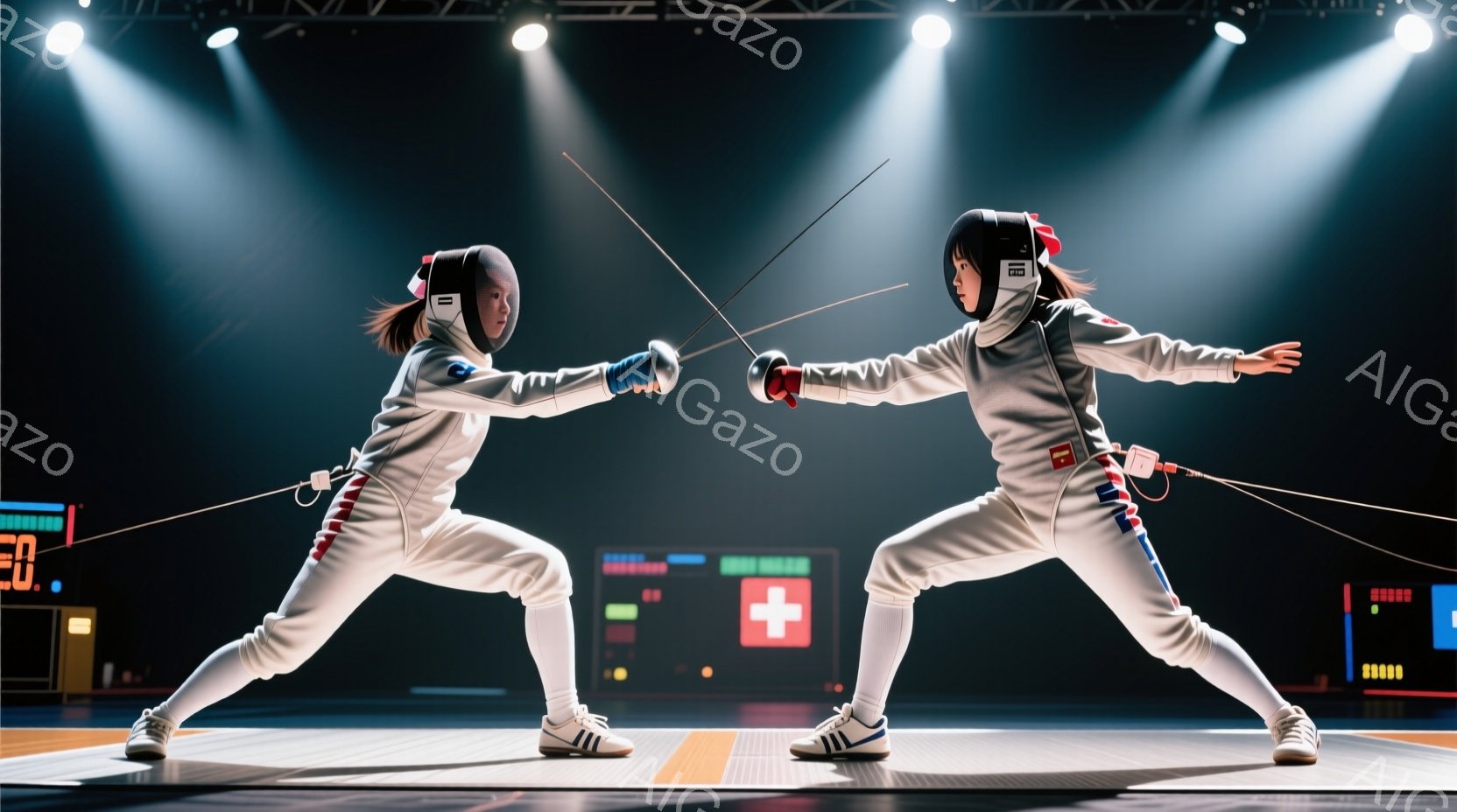 フェンシングの試合中の2人の女性アスリートが写っている。彼女たちは白いフェンシングスーツ、マスク、プロテクターを着用し、剣を構えて互いに向き合っている。背景には暗い観客席とスコアボードが見え、競技場の照明が彼女たちを照らし、緊張感のある競技の雰囲気を醸し出している。