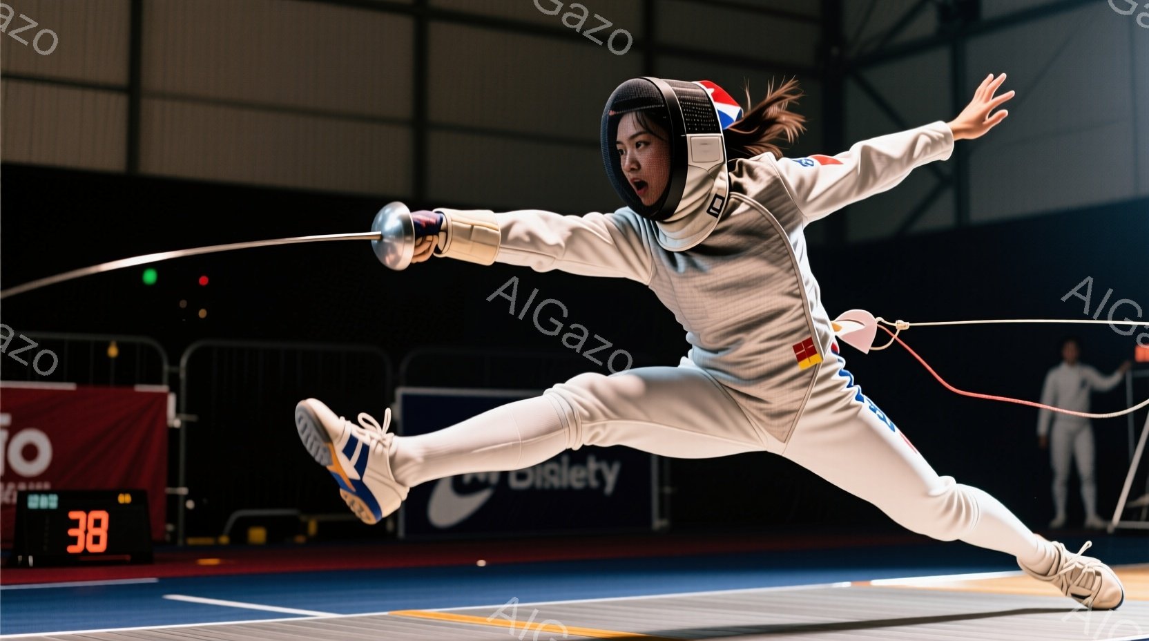 フェンシングの競技者が躍動的な姿勢で写っている。白のフェンシングスーツに、顔と胸を保護するマスクを着用し、右手にフェンシングの剣を持っている。背景にはフェンシングコートと観客席らしきものがぼやけて見え、競技場の照明が光っている。