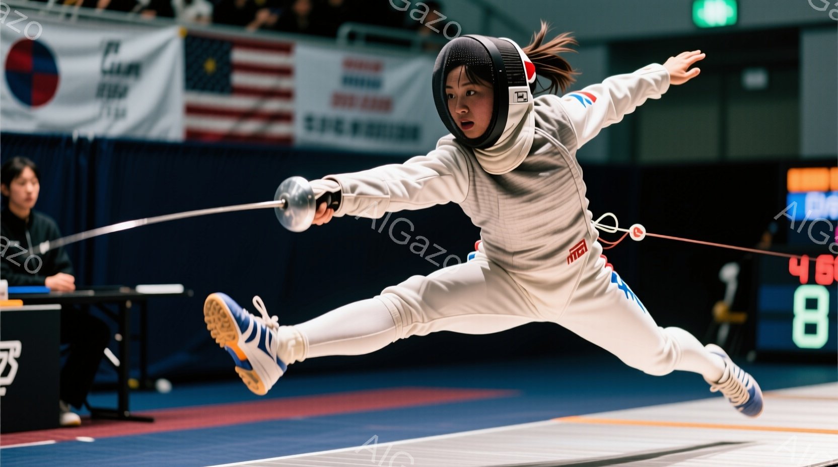 白いフェンシングスーツに身を包んだ女性アスリートが、空中でのダイナミックな姿勢でフェンシングを行っている。彼女は片足を大きく上げ、フェンシングの剣を構え、集中した表情で相手に挑んでいる。背景には、アメリカと韓国の旗が掲げられ、競技場の床は青色で、競技の激しさとアスリートの集中力を強調する雰囲気が漂っている。