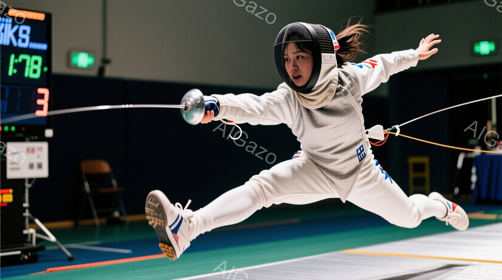 競技中のフェンサーが写っている。青色のフェンシングスーツと白いマスクを着用し、髪はポニーテールにしている。空中での躍動感のある姿勢と、集中した表情が印象的である。