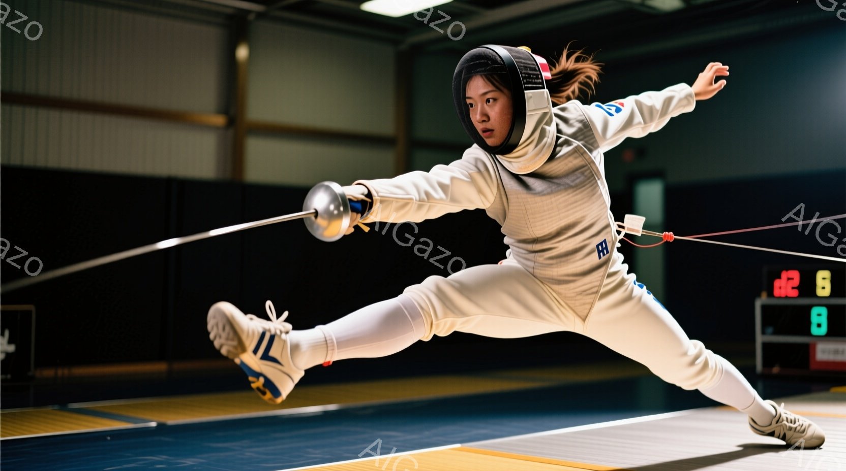 フェンシングの選手が競技中に躍動している様子が写っている。白と青のフェンシングスーツを着用し、髪は後ろでまとめられているが、一部が飛び出している。背景にはフェンシングコートとスコアボードが見え、競技場の雰囲気が漂っている。