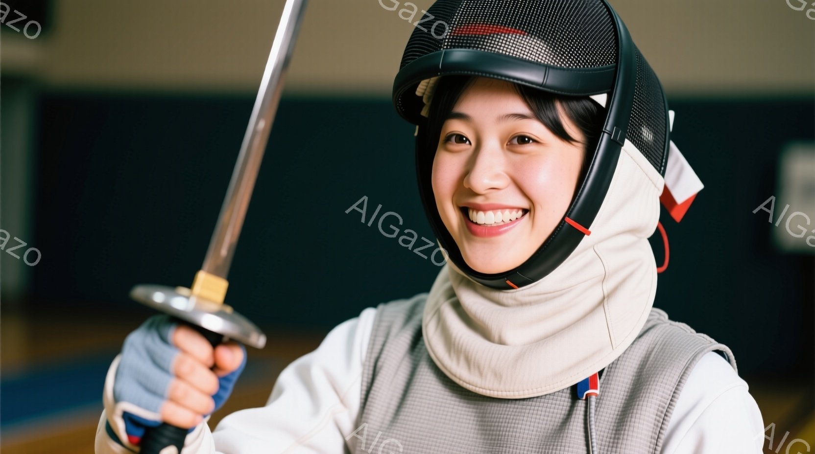 フェンシングのユニフォームを着て、剣を高く掲げている女性が写っています。彼女は白いフェンシングジャケットとプロテクターを着用し、明るい笑顔を浮かべており、自信に満ちた表情をしています。背景は体育館のような室内で、明るい照明が当たっており、競技への熱意を感じさせます。
