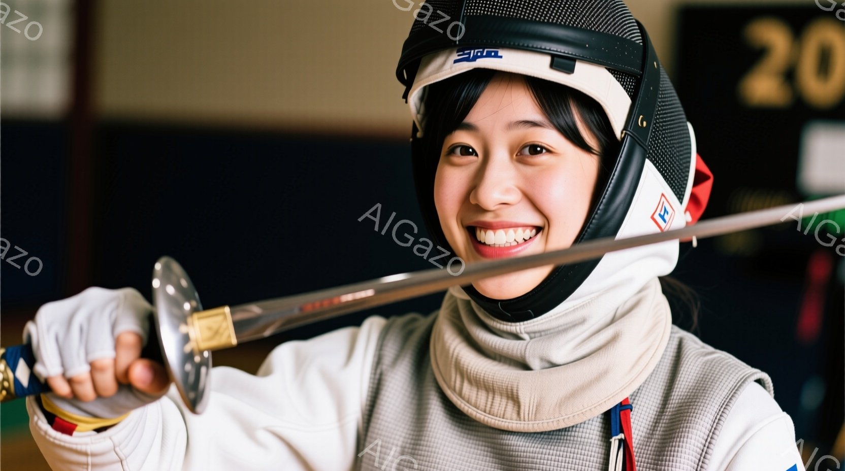 フェンシングの装備を身につけた若い女性が写っています。彼女は白いフェンシングジャケット、黒いヘルメットとベール、そして白いグローブを着用し、剣を構えながら満面の笑みを浮かべています。背景には、ぼやけた体育館のような空間と、数字の「20」が写っており、明るくエネルギッシュな雰囲気が伝わってきます。