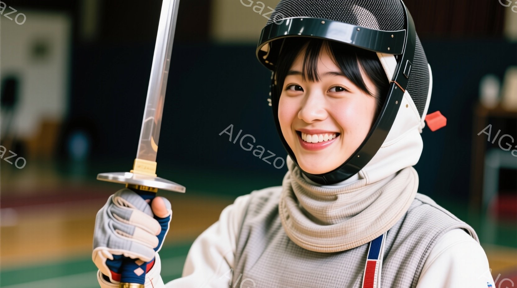 フェンシングウェアを身につけた女性が、笑顔でフェンシングの剣を構えています。彼女は白いジャケットと黒いフェイスマスク、そしてグローブを着用しており、髪はフェイスマスクの下で短く整えられています。背景はぼやけていますが、おそらくフェンシングの練習場のような室内空間で、明るく活気のある雰囲気です。